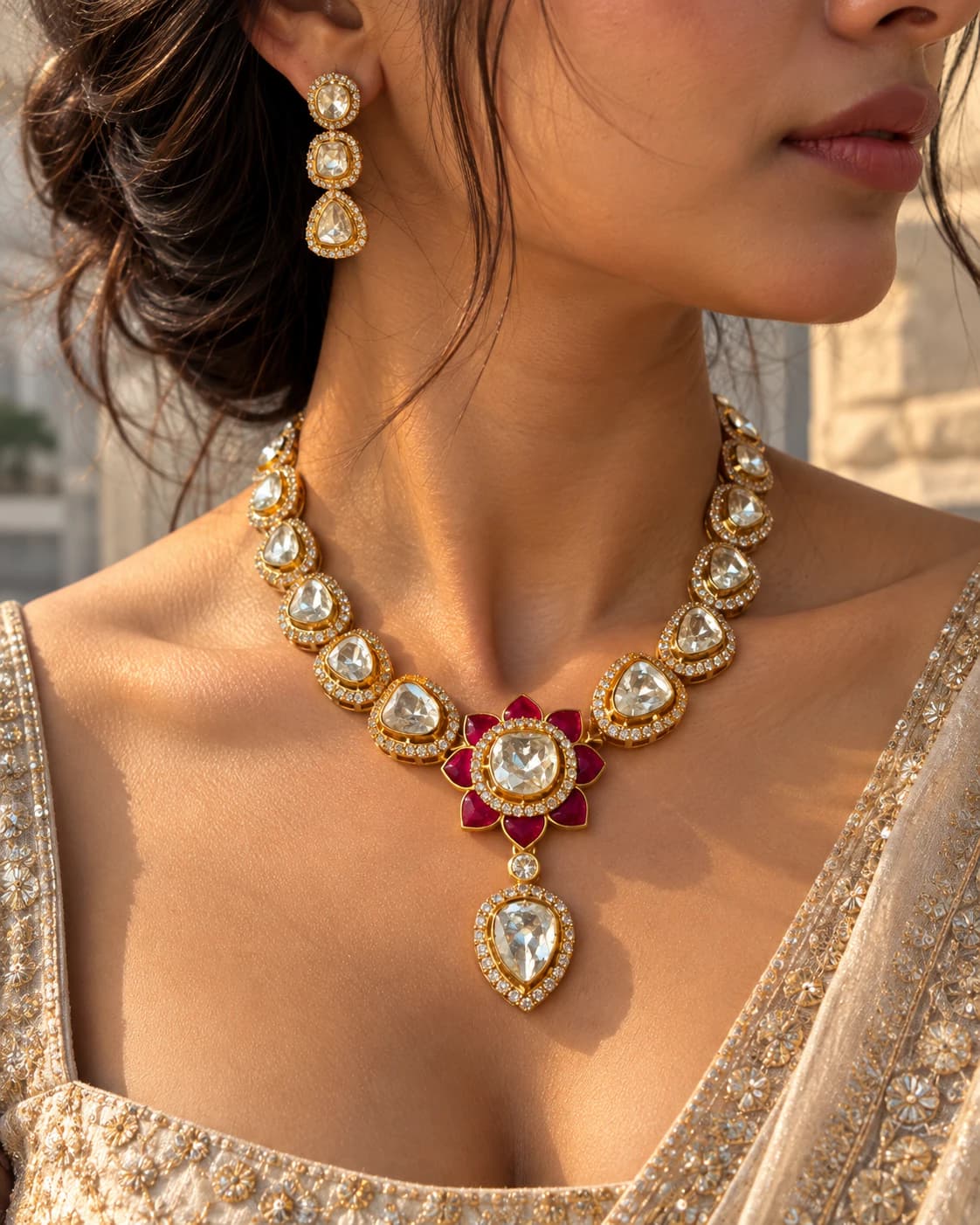 Crimson Floral Kundan and Polki Necklace