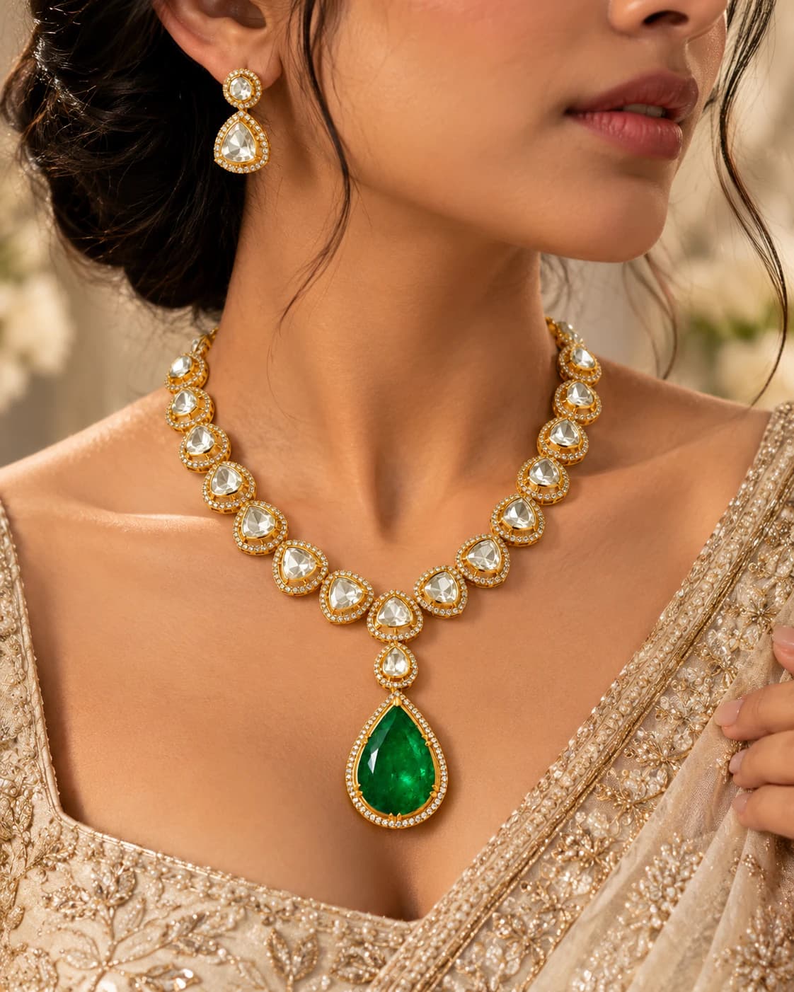 Emerald Doublet Stone Polki Necklace