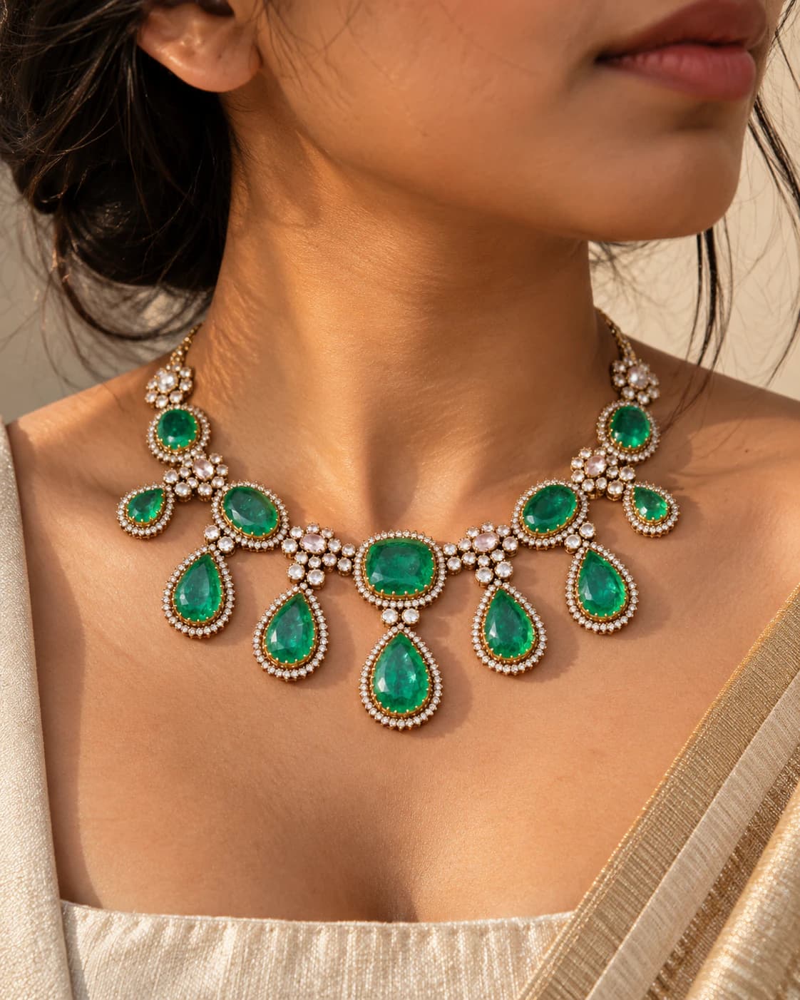 Emerald Green Teardrop Polki Necklace