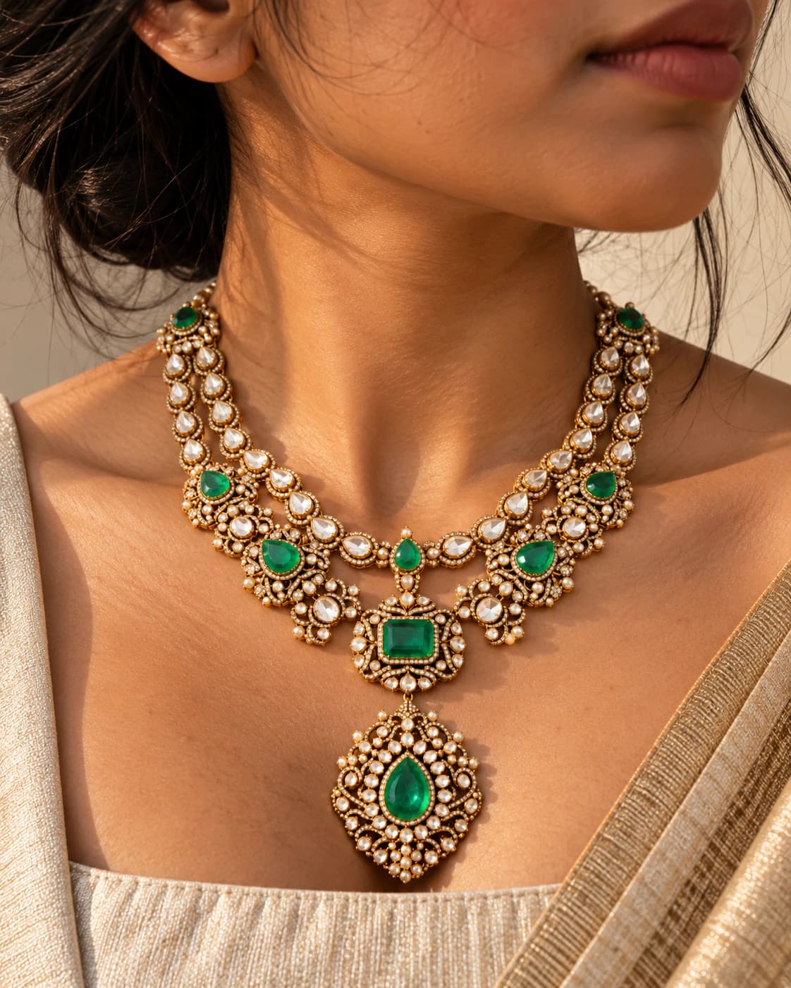 Emerald Multistrand Polki Necklace