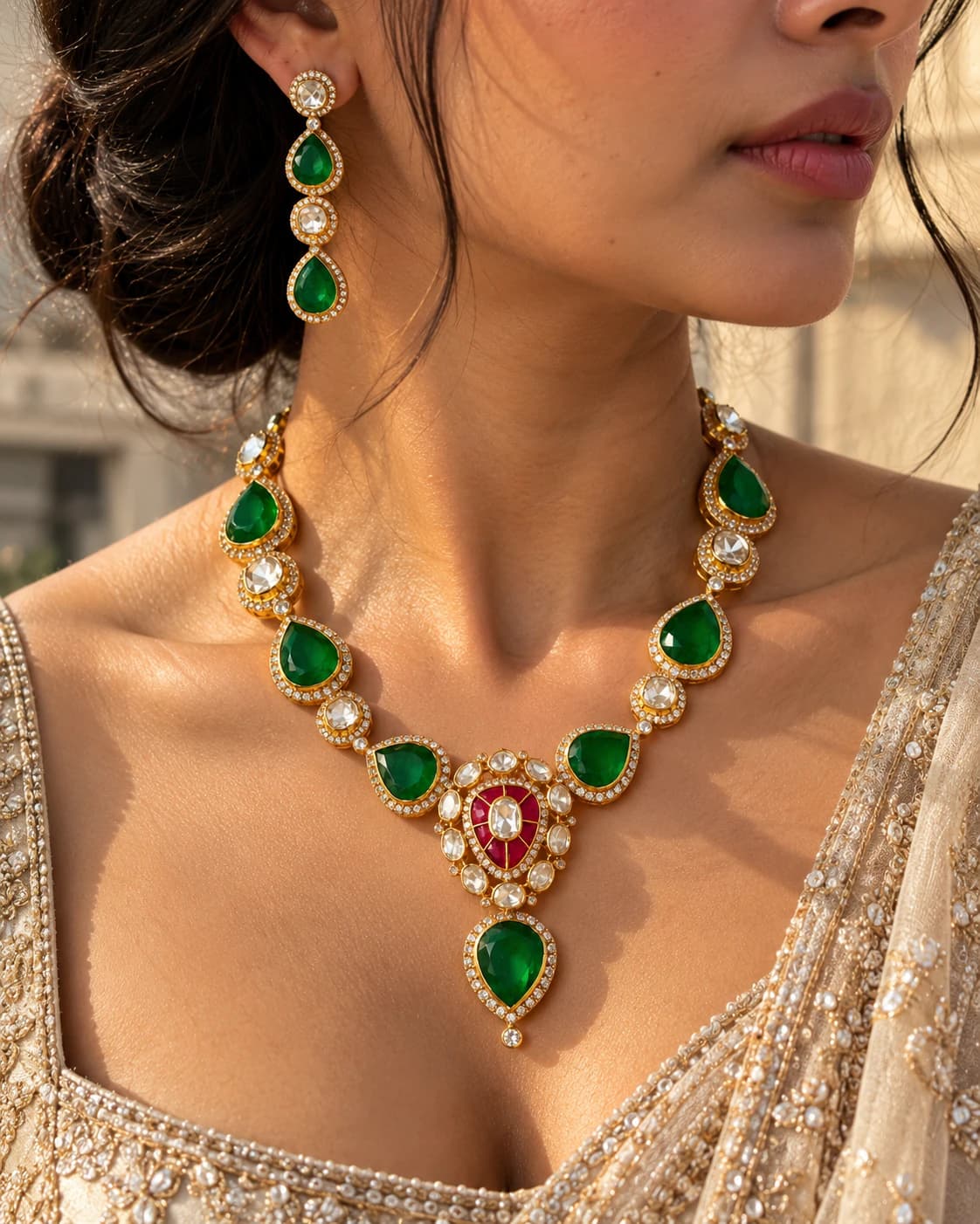 Emerald Green Doublet Stone Kundan Polki Necklace