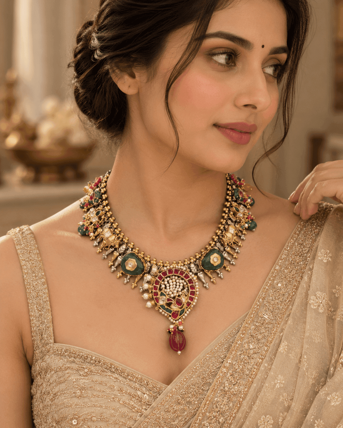 Ruby drop 925 silver Fusion statement necklace by Varnya Jewels