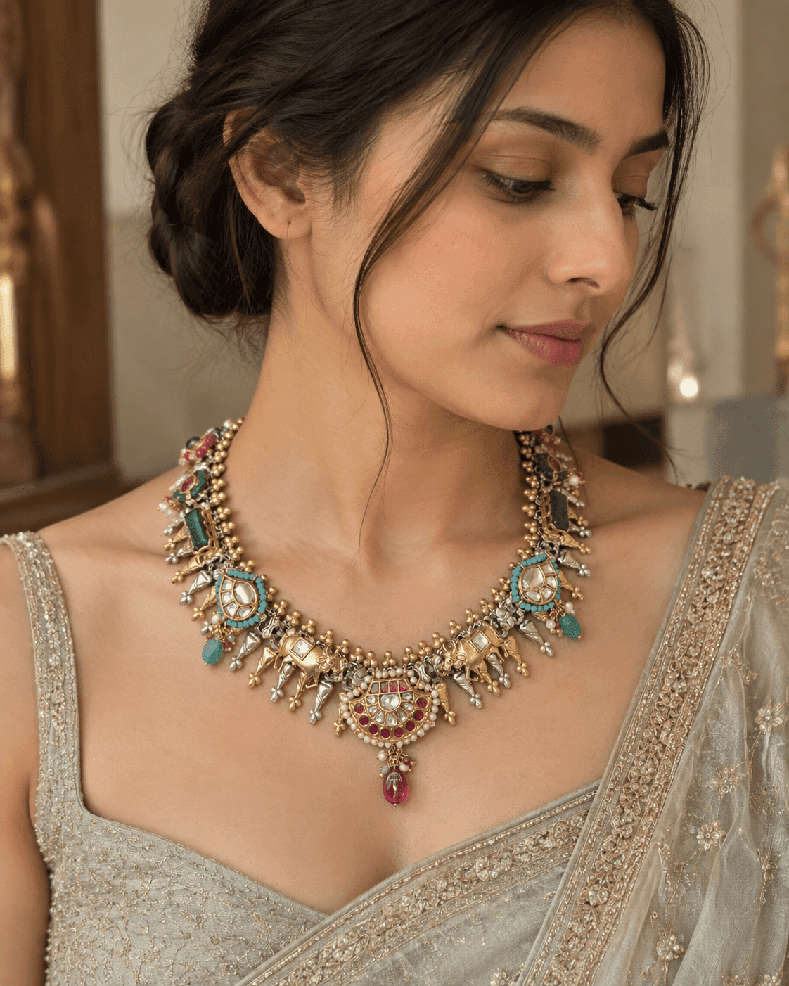 925 silver Fusion necklace with elephant motifs and multicolour detailing by Varnya Jewels