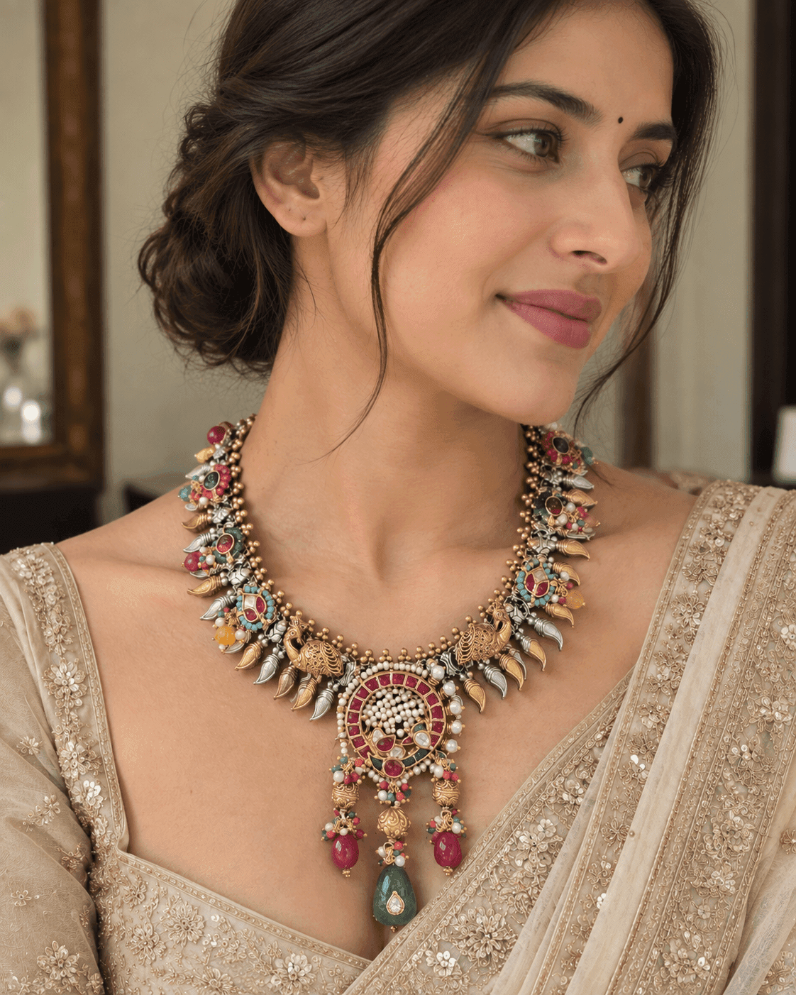 925 silver Fusion statement necklace with peacock motifs and multicolour detailing by Varnya Jewels