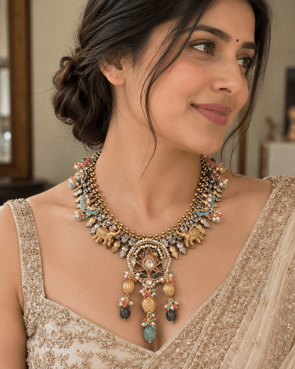 925 silver Fusion statement necklace with elephant motifs, floral pendant and multicolour drops by Varnya Jewels