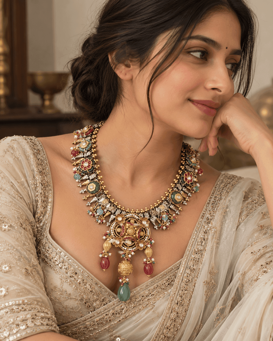 925 silver Fusion statement necklace with floral motifs, circular pendant and multicolour drops by Varnya Jewels