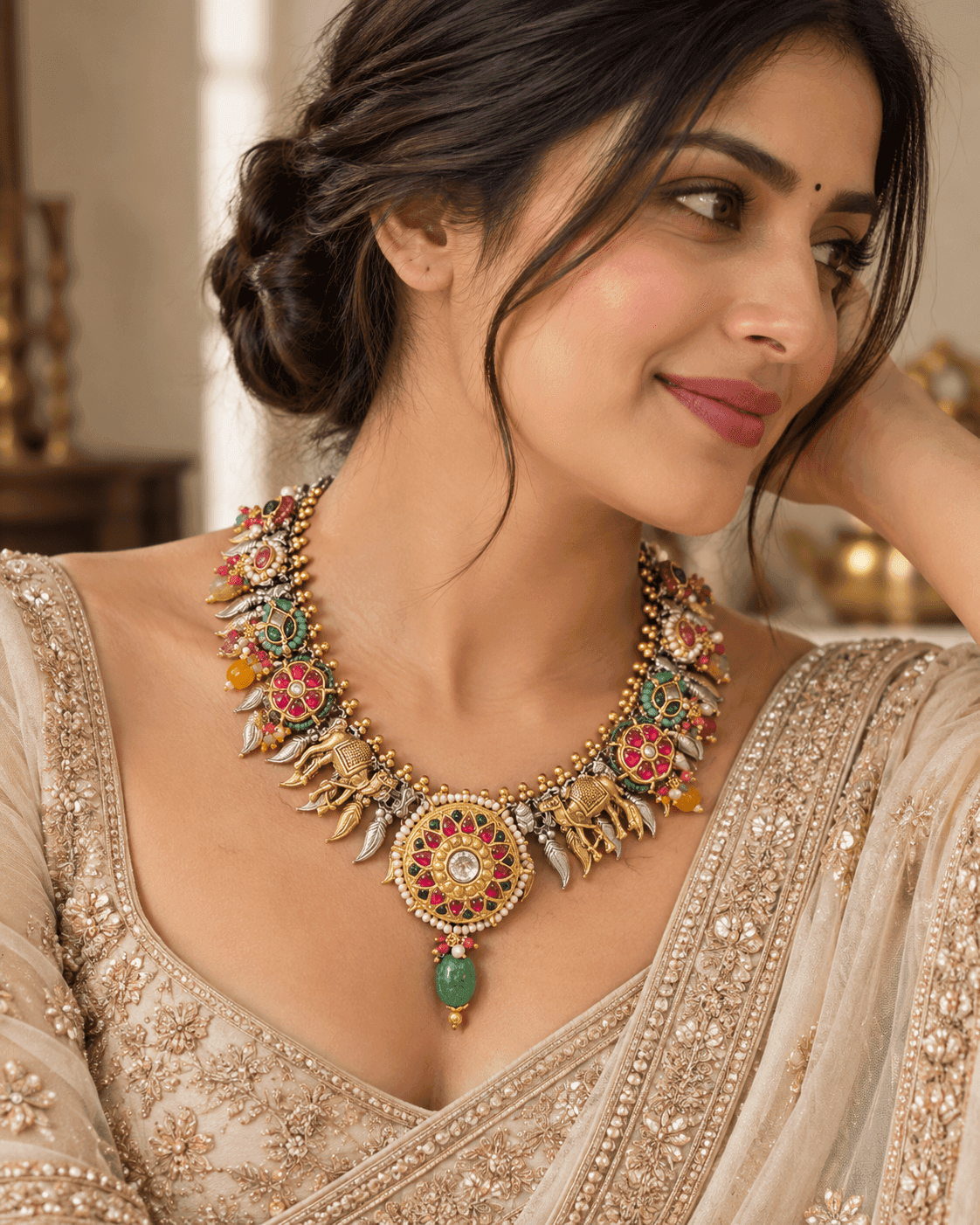 925 silver Fusion necklace with Camel motifs, floral medallion and green drop by Varnya Jewels