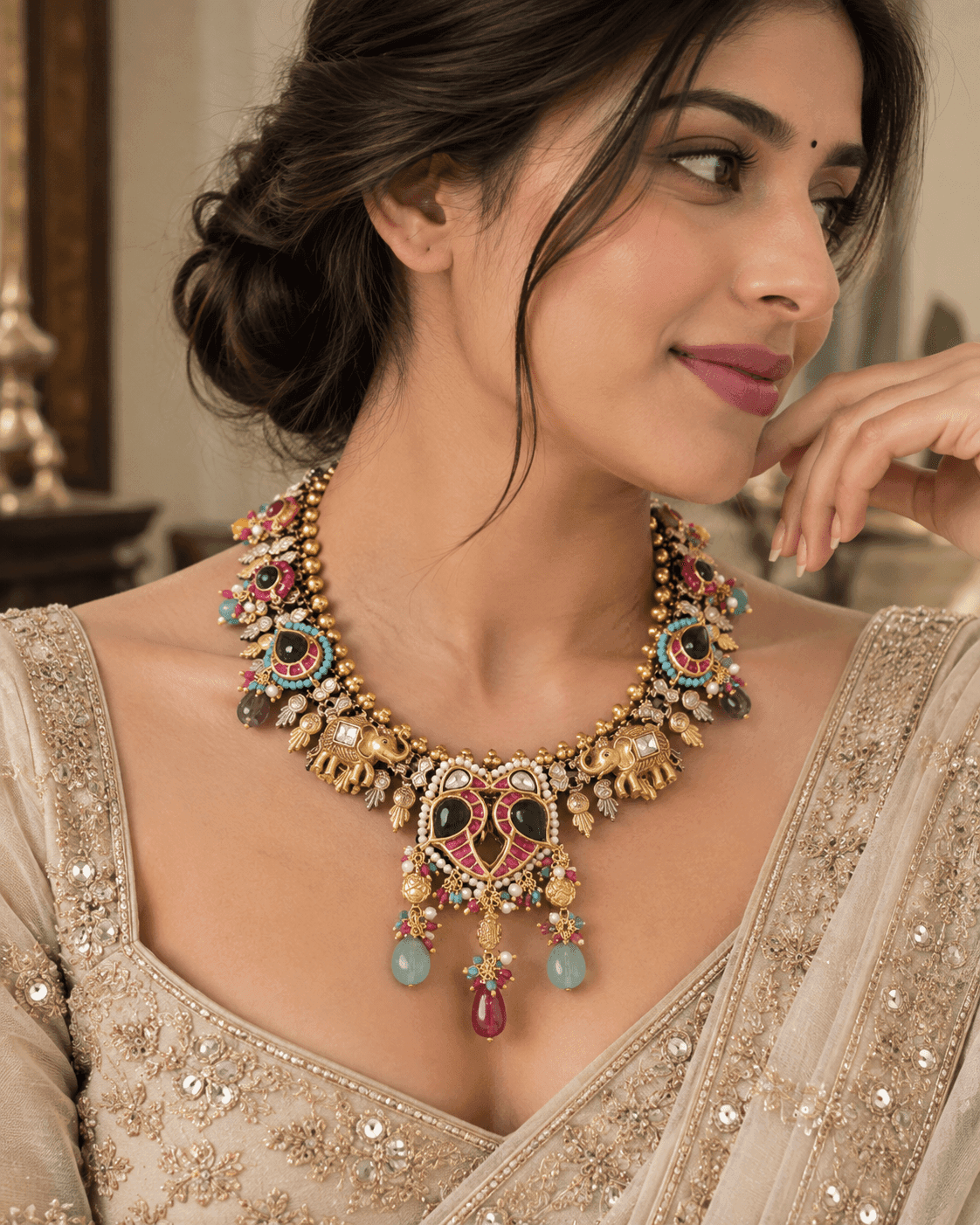 925 silver Fusion necklace with elephant motifs, twin-leaf pendant and multicolour drops by Varnya Jewels