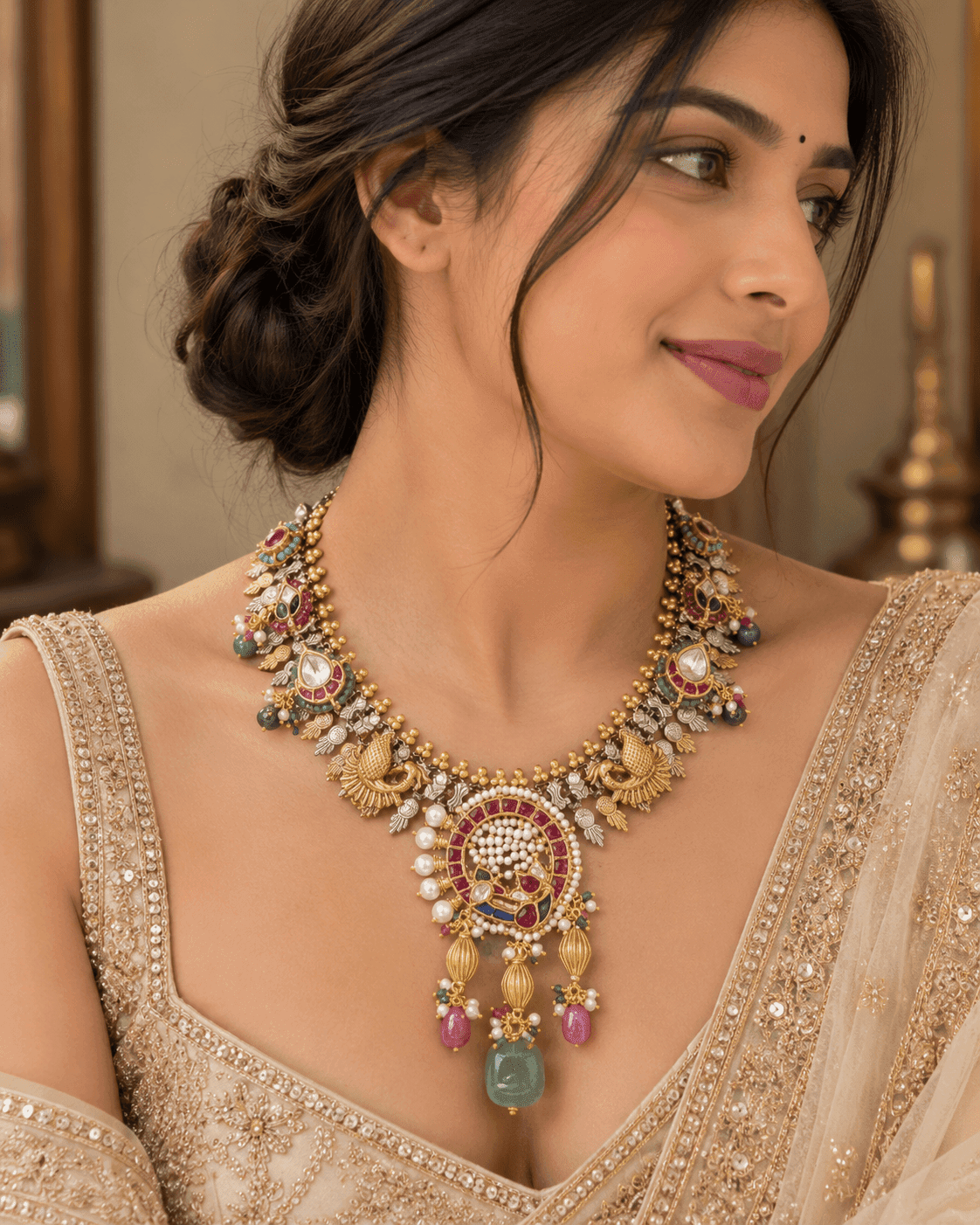925 silver Fusion necklace with peacock motifs, pearl-detailed medallion and multicolour drops by Varnya Jewels