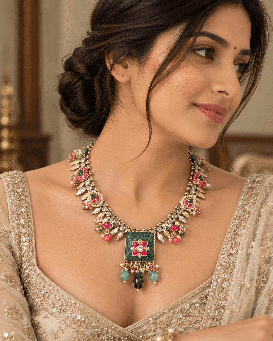 925 silver Fusion necklace with square green floral pendant and multicolour detailing by Varnya Jewels