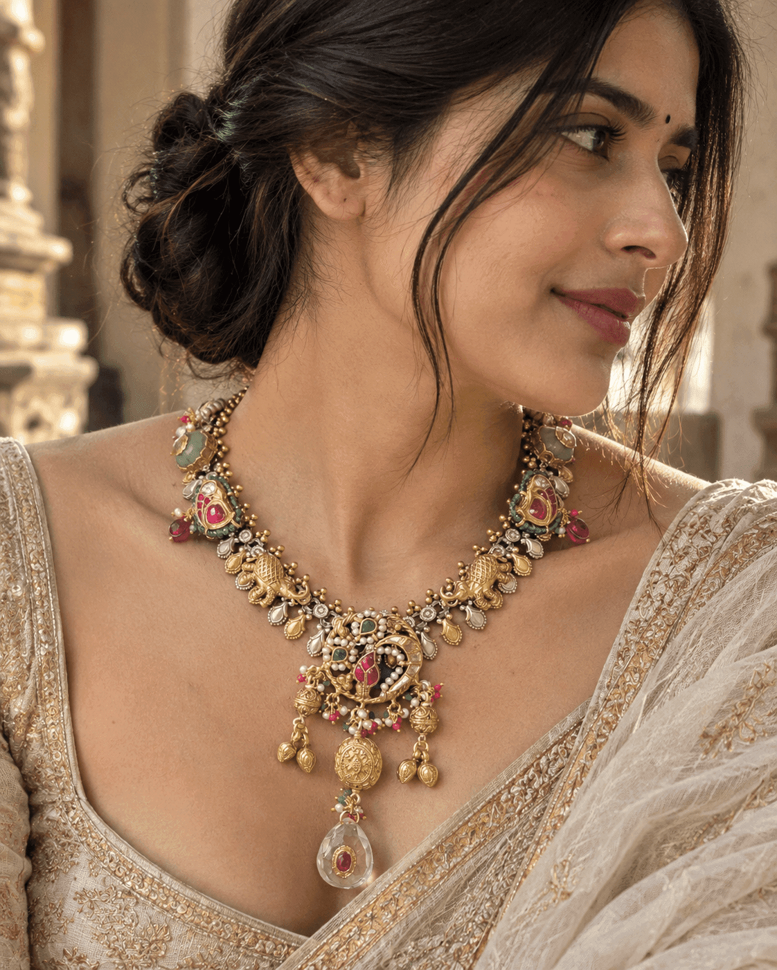 925 silver Fusion necklace with elephant motifs, multicolour detailing and clear teardrop pendant by Varnya Jewels