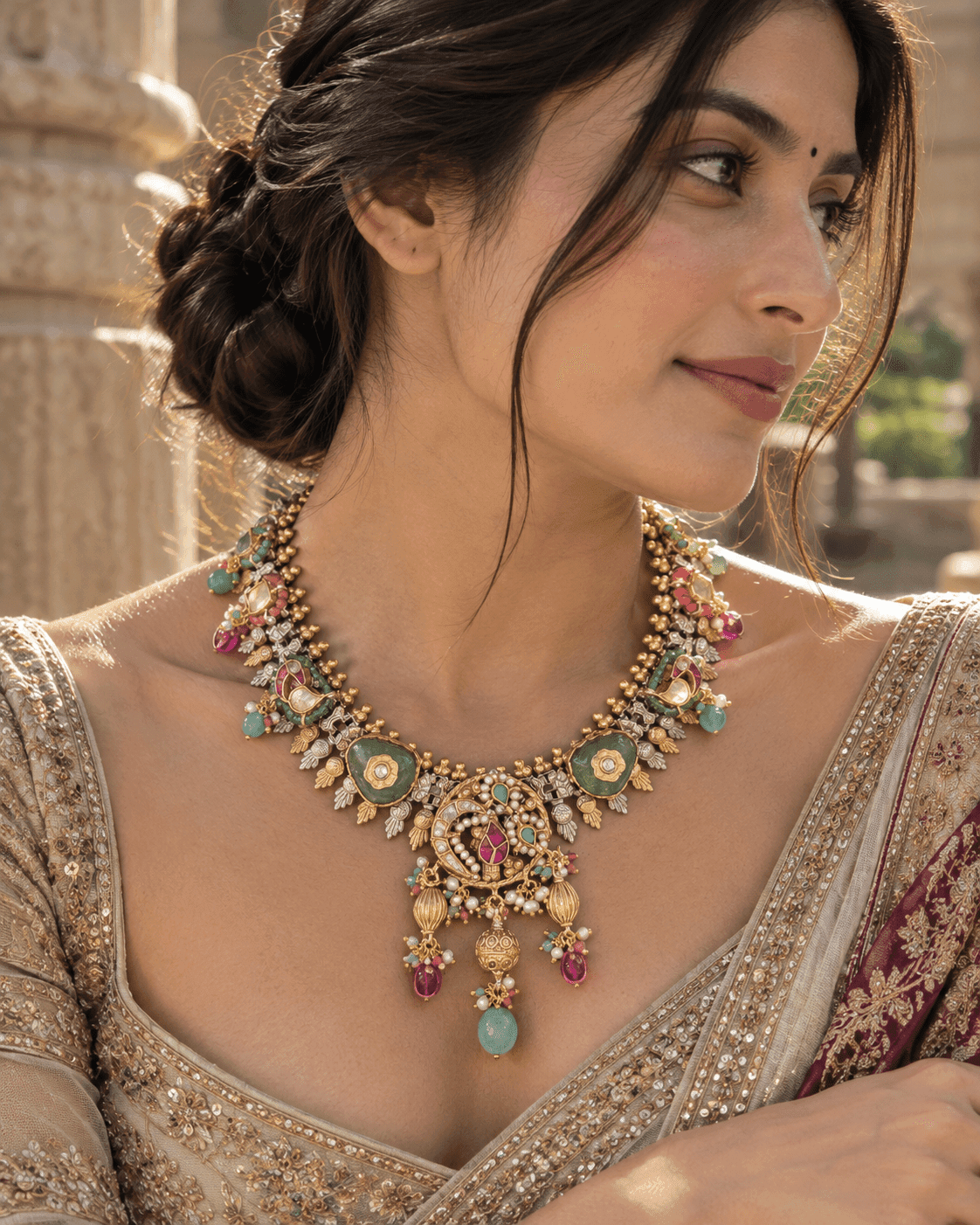 925 silver Fusion statement necklace with paisley detailing and three multicolour drops by Varnya Jewels