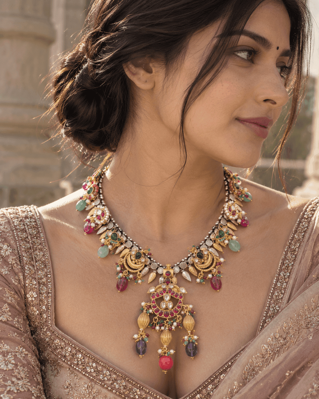 925 silver Fusion statement necklace with crescent motifs, multicolour detailing and three drops by Varnya Jewels