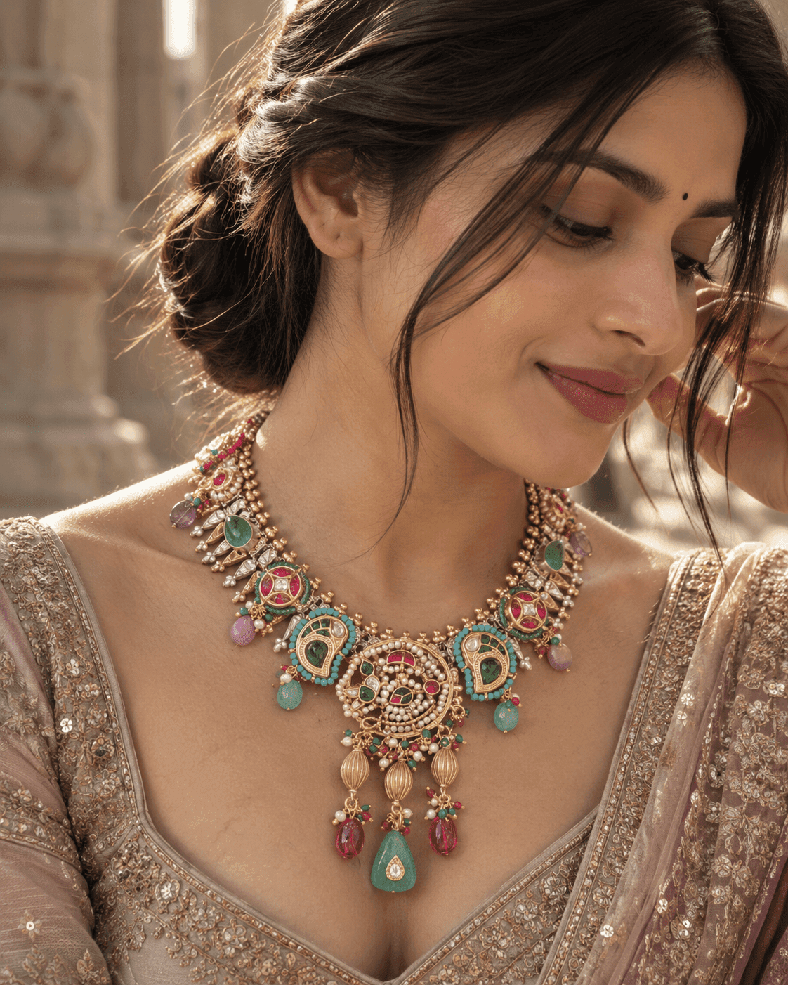 925 silver Fusion statement necklace with pearl medallion, turquoise detailing and three coloured drops by Varnya Jewels