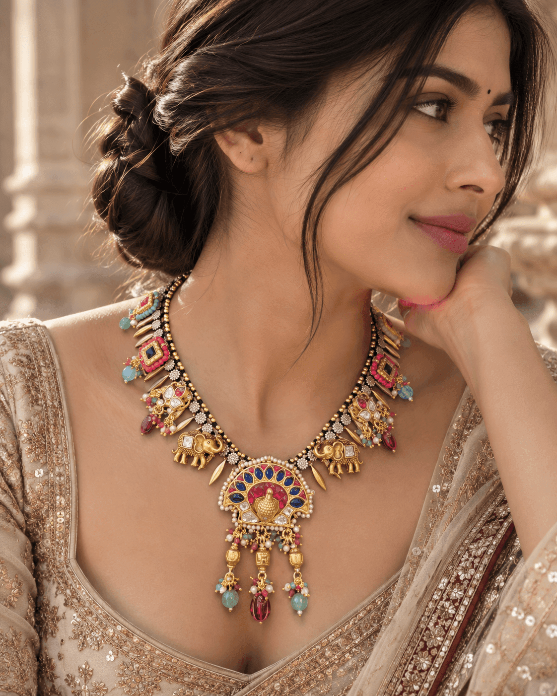 925 silver Fusion necklace with elephant motifs, multicolour fan pendant and three hanging drops by Varnya Jewels
